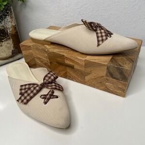 Vivaia Women's Pointed Toe Mules Flats Beige Gingham Bow Slip On Shoes Size 8 US